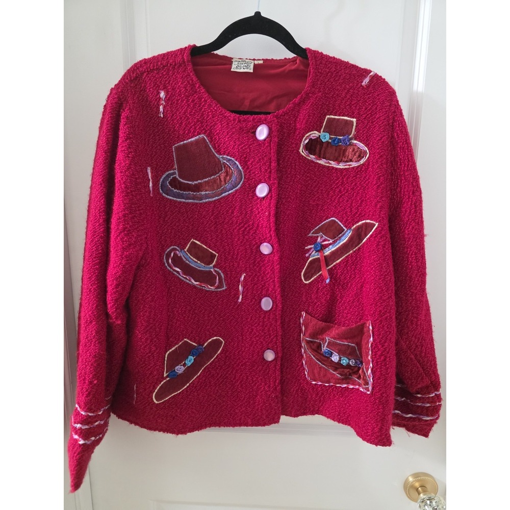 Vintage Parsley & Sage Red Bouclé Knit Novelty Red Hat Cardigan Jacket Large